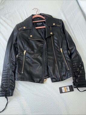 GUESS Black Faux Leather Moto Jacket with Lace-Up Cuffs